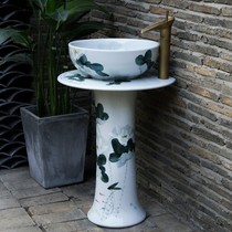 *Hand-painted lotus Chinese style column wash basin outdoor courtyard retro bathroom floor-standing integrated ceramic hand wash basin