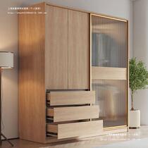 Nordic sliding door wardrobe home bedroom modern simple log style sliding door storage cabinet small apartment large wardrobe