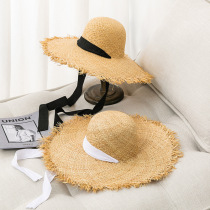 Raffia hat womens summer large-brimmed lace strap hat small fresh sunshade sun protection beach vacation fur-brimmed beach hat