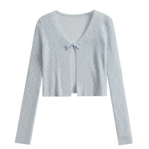 New Chinese style summer skirt shawl thin knitted cardigan for women bow button waistcoat ice silk sunscreen blouse