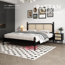 LT black rattan bed retro home all solid wood master bedroom king bed 1 8 meters double bed 1 5 meters modern simple homestay