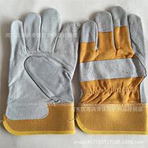 Welding gloves short pure cowhide welding full palm gloves yellow cloth two-finger gloves welding wear-resistant protective gloves