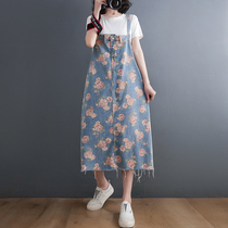 Fat sister denim printed suspender skirt womens summer loose and age-reducing cover belly slimming long suspender dress