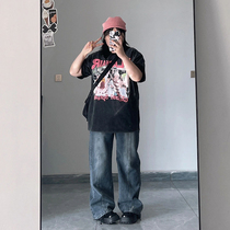 Fat girl pear-shaped slim straight jeans womens plus size elastic waist trousers loose pants wide leg pants trendy