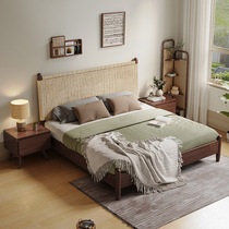 *v All solid wood rattan bed modern simple middle-aged retro bed wabi-sabi wind bed B&B Japanese-style log wind bed rope woven