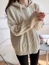 New hooded thickened knitwear for women twist sweater for autumn and winter warm loose slim inside and outside lazy sweatshirt