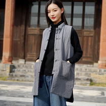 2023 winter new cotton and linen womens clothing retro ramie stand-up collar sand-washed mid-length cotton vest thickened womens cotton vest