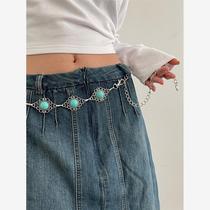 Japan FC fashion retro metal pattern waist chain womens versatile dress suit accessories agate stone decorative waist