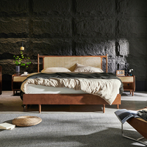7K medieval wabi-sabi style solid wood bed new Chinese style retro rattan bed B&B hotel 1 8m double bed master bedroom