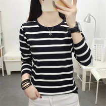 Watsons fat mm large size loose cotton long-sleeved T-shirt womens middle-aged mother autumn wear versatile striped top cover