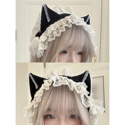 KittenClaw antique cross cat, medieval Gothic Farley lace doll style cat ear headpiece