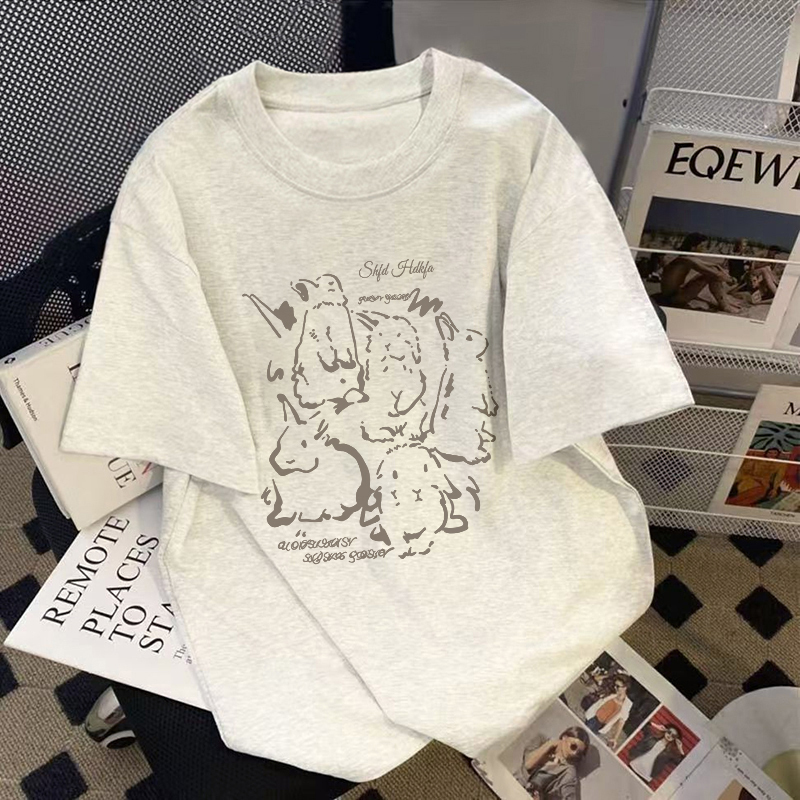 White and Gray Short-Sleeved T-Shirt for Women, Pure Cotton, 2026 New Popular Summer Design, Niche Half-Sleeve Top
