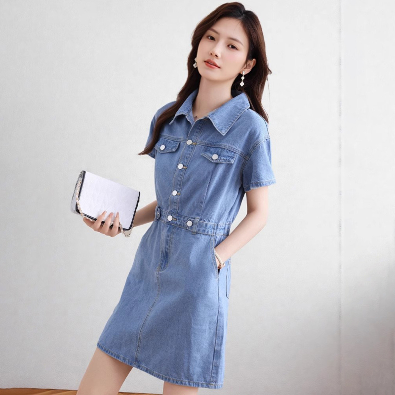 Korean Style Waist-Cinching Slimming Thin Denim Dress for Women 2026 Summer New Fashion Slim Fit Stretch Short-Sleeve Dress Korean Style Waist-Cinching Slimming Thin Denim Dress for Women 2026 Summer New Fashion Slim Fit Stretch Short-Sleeve Dress