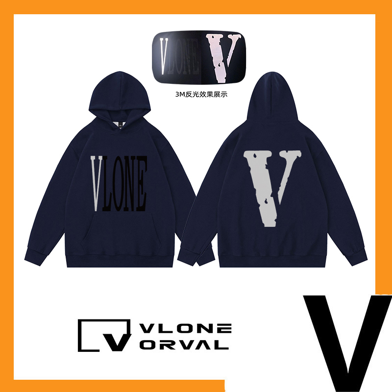 Vlone Orval Reflective Large V Letter Print Hooded Sweatshirt for Men and Women, Autumn and Winter American Style Heavyweight Couple Hoodie