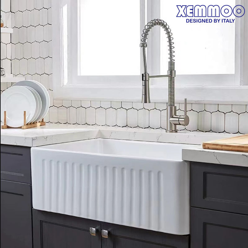 XEMMOO European and American retro ceramic front kitchen washing basin FARMHOUSE semi-embedded farmhouse large single double sink-Taobao