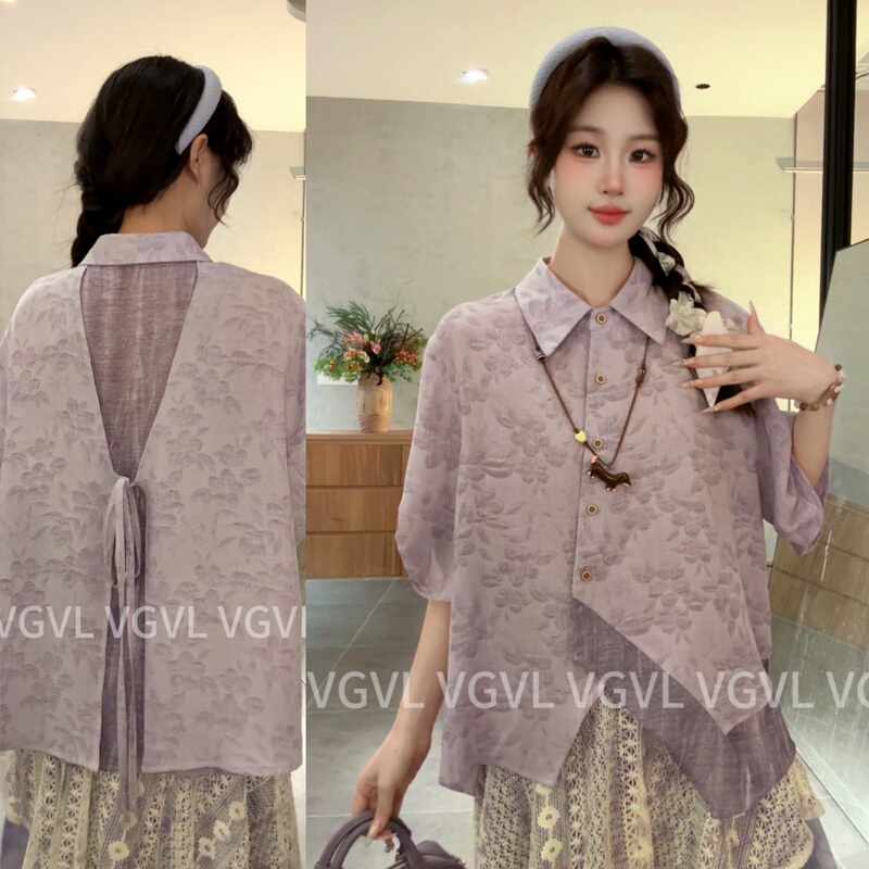 Vgvl Xiao Zhuo Shirt [Lan Ying] Summer Design Retro Irregular Patchwork Short-Sleeve Shirt for Women 21796