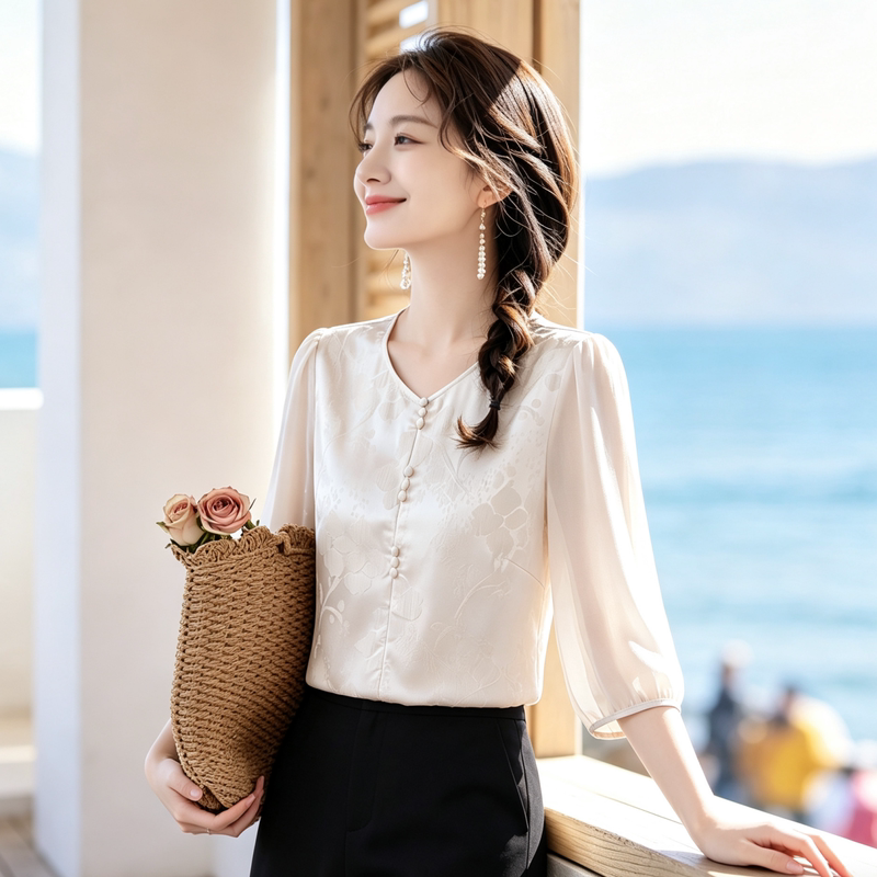 Hangzhou High-End Designer Silk Shirt for Women, Short-Sleeved Blouse, New Chinese Style, Jacquard Embroidery, Mulberry Silk Top Hangzhou High-End Designer Silk Shirt for Women, Short-Sleeved Blouse, New Chinese Style, Jacquard Embroidery, Mulberry Silk Top