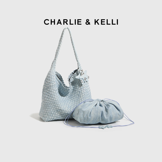 CHARLIE&KELLI bag women's 2026 new denim blue versatile shoulder tote bag fashionable woven bag
