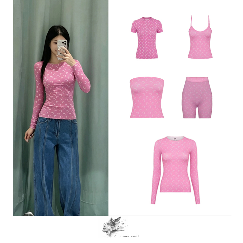 Three-Label Complete Set Marineserre Moon Base Shirt Long-Sleeve T-Shirt Song Ji-Ah Jennie Same Style Pink Top