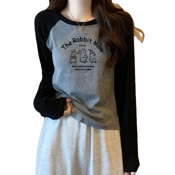 Pure cotton long-sleeved t-shirt girl spring and autumn junior high school students wear loose base shirt winter contrast top