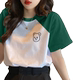 American green raglan short-sleeved T-shirt for women summer 2025 new style T-shirt right shoulder half-sleeve contrasting color splicing top