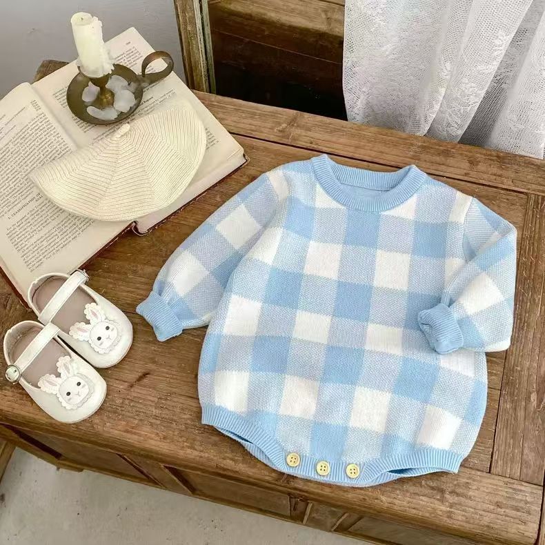 Spring and Autumn New Style Knitted Plaid Jacquard Long-Sleeve Romper for Baby Boys and Girls, Infant Round Neck Pullover Sweater Bodysuit