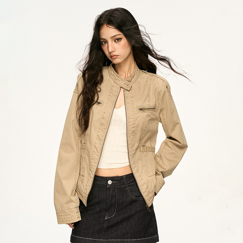 Aaisup American-Style Stand-Up Collar Vintage American Shoulder-Length Short Jacket for Women, Spring and Autumn Design, Casual Versatile Jacket Top