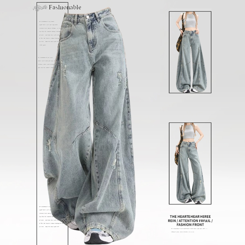 150kg Plus Size American Style Ripped Wide-Leg Jeans for Women, New High-Waisted Loose Straight Pants