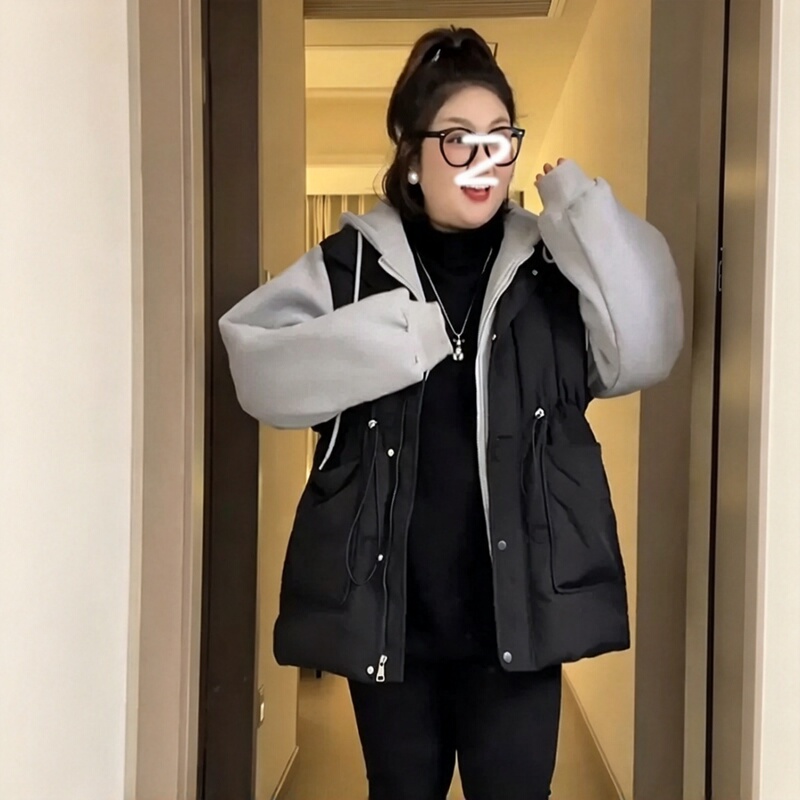 150kg Plus Size Women's Fake Two-Piece Hooded Cotton Jacket for Fat Women, Autumn and Winter Thickened Slimming Loose Cotton Coat Trendy