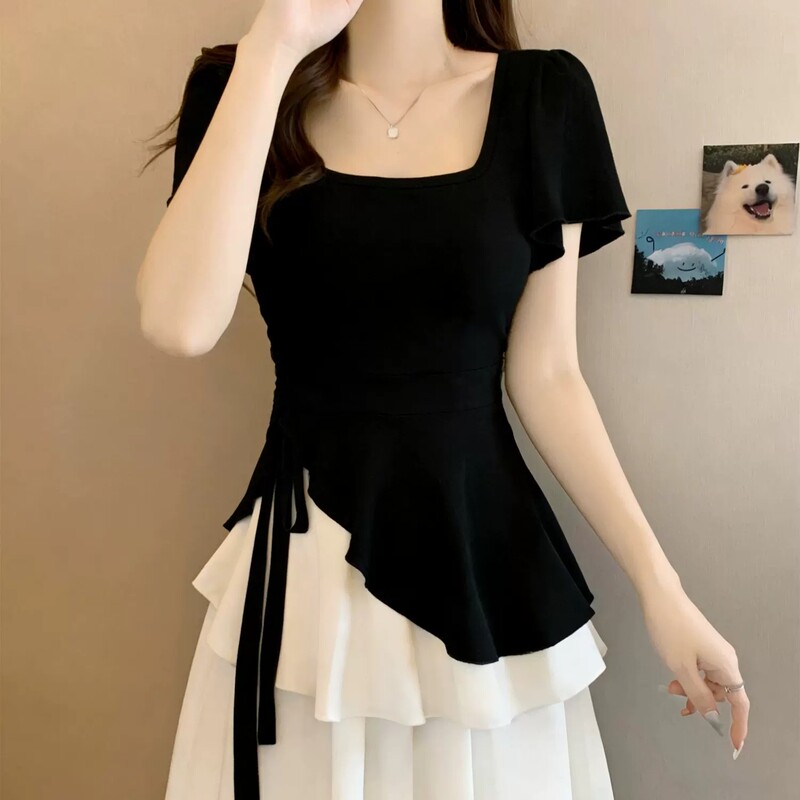 150kg Plus-Size Designer Tie-Up Top for Women, Summer Irregular Ruffle Edge Slimming T-Shirt for Curvy Women 150kg Plus-Size Designer Tie-Up Top for Women, Summer Irregular Ruffle Edge Slimming T-Shirt for Curvy Women