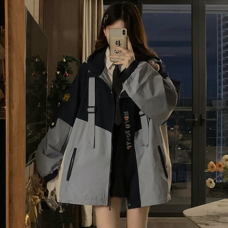Plus Size Women's Clothing Retro Color-Blocked Hooded Jacket Women's Autumn Loose Jacket Commuter Pocket Jacket Windbreaker Plus Size Women's Clothing Retro Color-Blocked Hooded Jacket Women's Autumn Loose Jacket Commuter Pocket Jacket Windbreaker