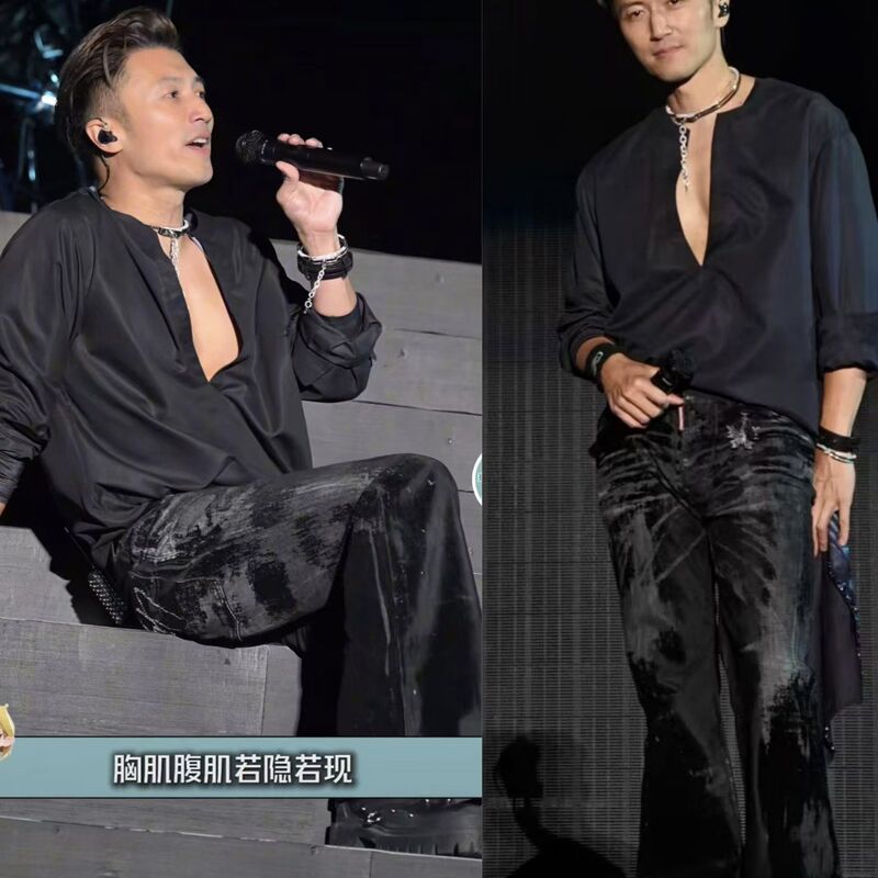 【Heavy-Duty Silver Powder Rhinestones】Nicholas Tse's Same Style Shenzhen Concert Evolution Jeans V-Neck Shirt for Men