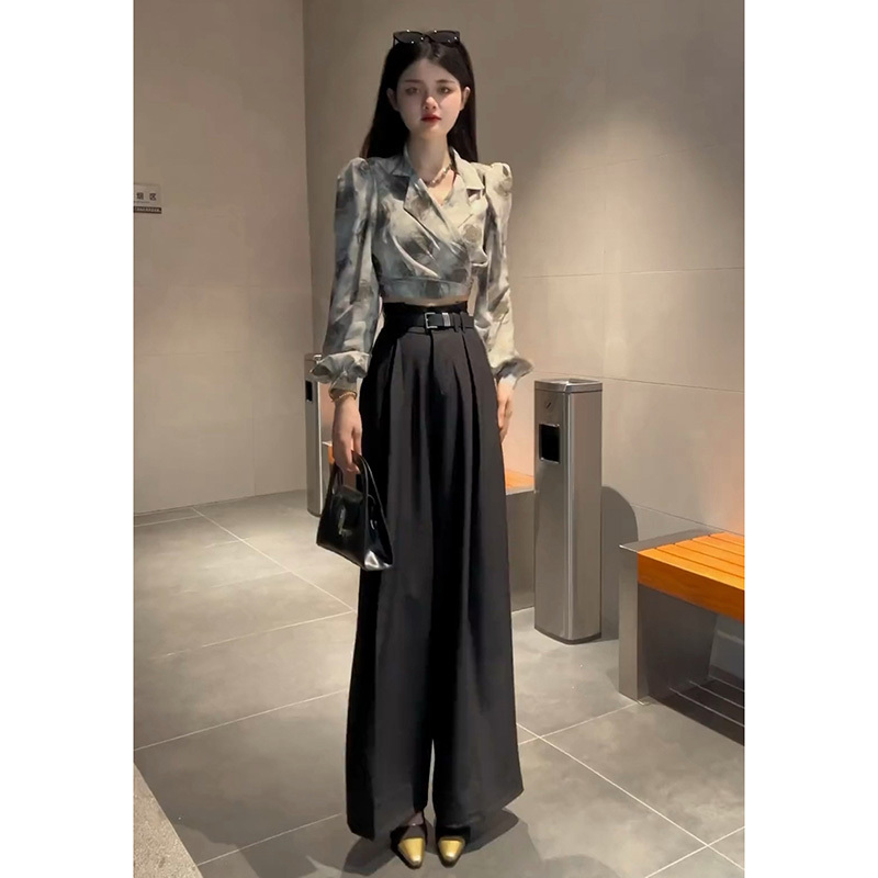 French Retro Rose Tie-Up Shirt with Puff Long Sleeves, Women's Autumn Slimming Wide-Leg Pants, Suit Pants Two-Piece Set
