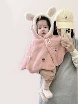 Baby cape cape autumn and winter outing super cute hooded plus velvet shawl baby windproof warm top winter coat