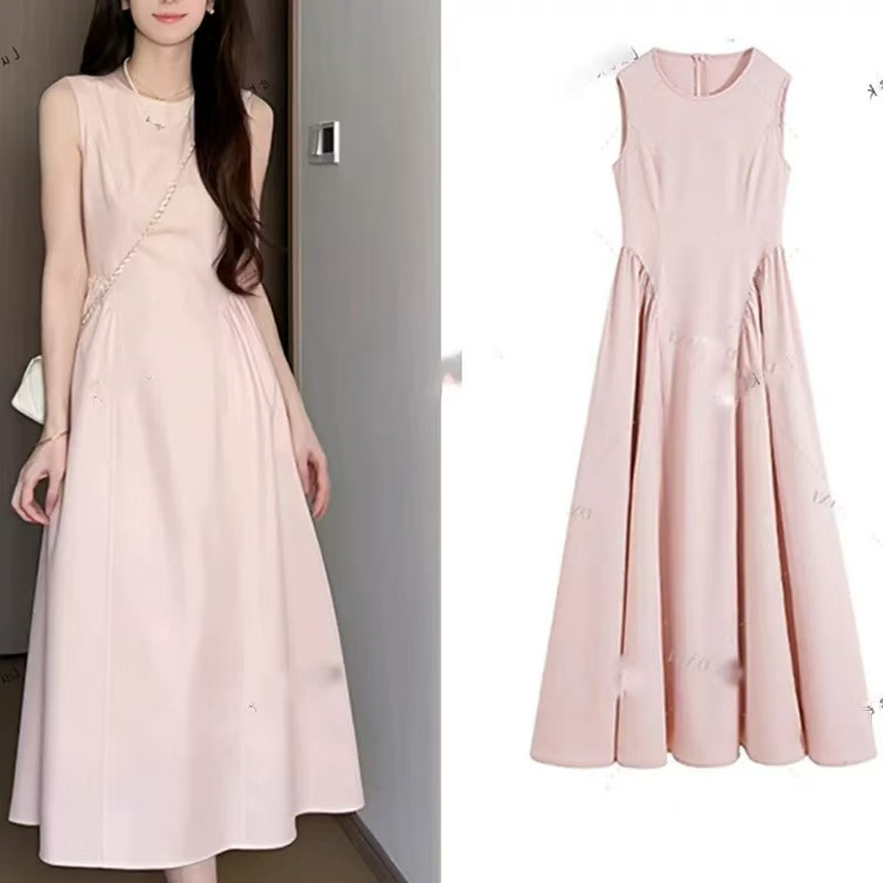 Pink 2025 New Sleeveless Spring and Summer Vest Dress for Women, Slimming, Elegant, Waist-Cinching Long Dress with a High-End Round Neck
