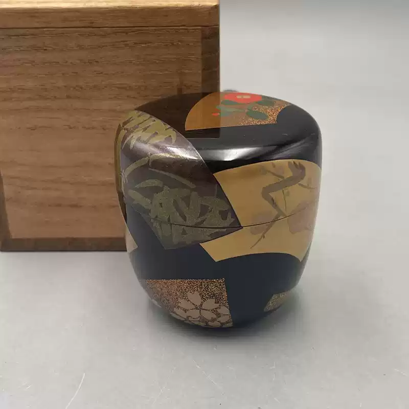 中古日本回流漆器碗会津塗木胎大漆金莳绘盖碗饭碗五客原盒