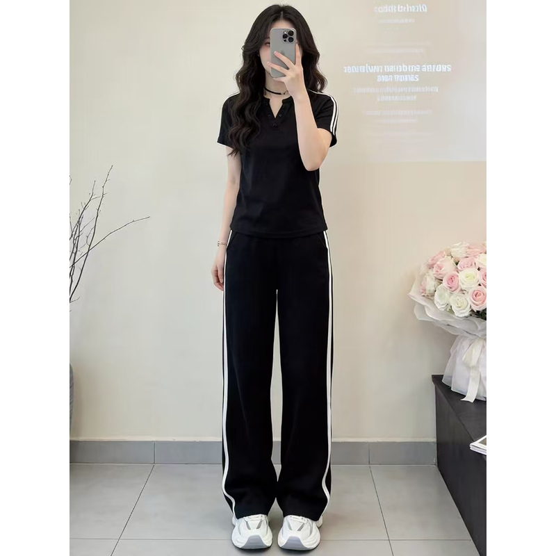 Black Stylish Casual Sportswear Set for Women 2026 Summer New Simple and Elegant Short-Sleeved Wide-Leg Pants Two-Piece Set Black Stylish Casual Sportswear Set for Women 2026 Summer New Simple and Elegant Short-Sleeved Wide-Leg Pants Two-Piece Set