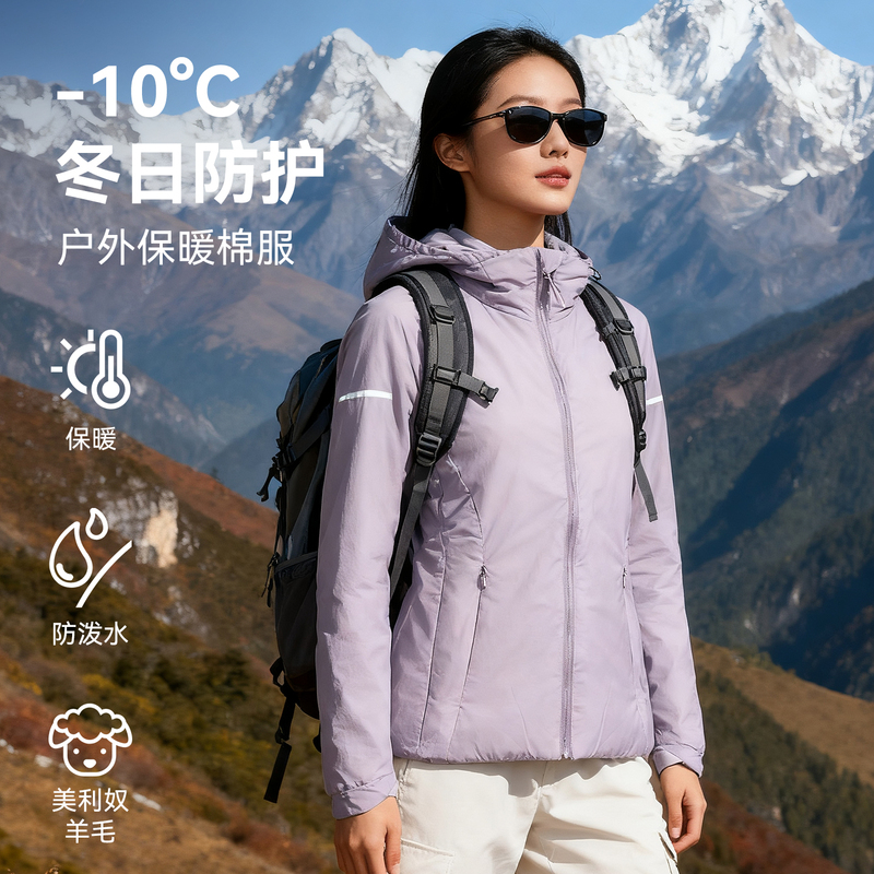 Gray Shell Merino Wool Cotton Jacket Autumn and Winter Warm Cotton Coat Outdoor Lightweight Autumn and Winter Skiing Women's Hooded Jacket
