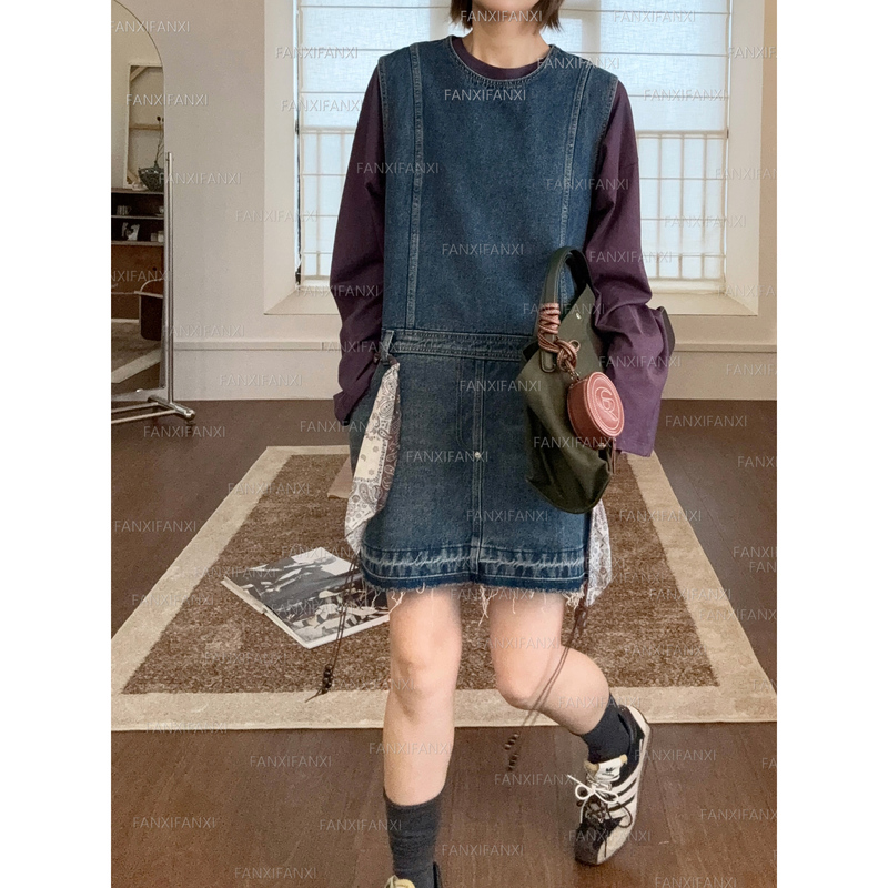 Early Autumn Retro H-Line Belt Decoration Versatile Loose Slimming Round Neck Casual Denim Sleeveless Vest Dress L33 Early Autumn Retro H-Line Belt Decoration Versatile Loose Slimming Round Neck Casual Denim Sleeveless Vest Dress L33