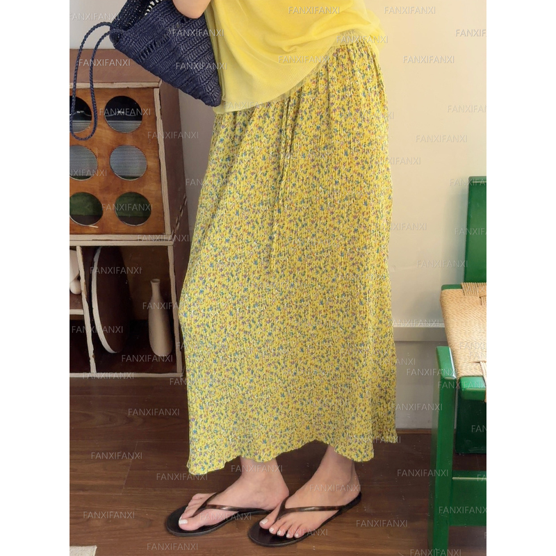 Monet's Colorful Floral Crinkled Versatile Loose-Fitting Slimming Elastic Waist Slit Mid-Length Skirt Q132 Monet's Colorful Floral Crinkled Versatile Loose-Fitting Slimming Elastic Waist Slit Mid-Length Skirt Q132