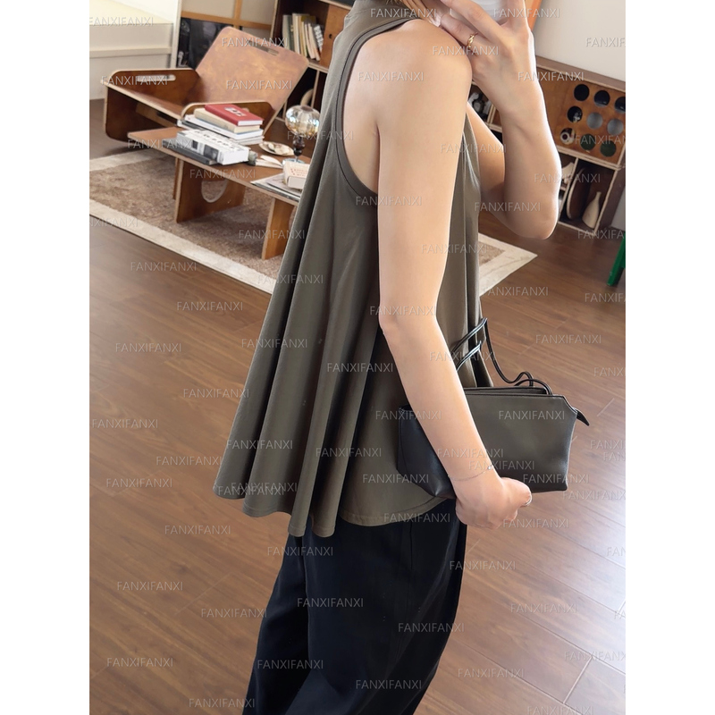 Umbrella-Shaped Bias-Cut Densely Woven Cotton Minimalist Fashion Sleeveless Vest Versatile Slimming Round Neck Top S515