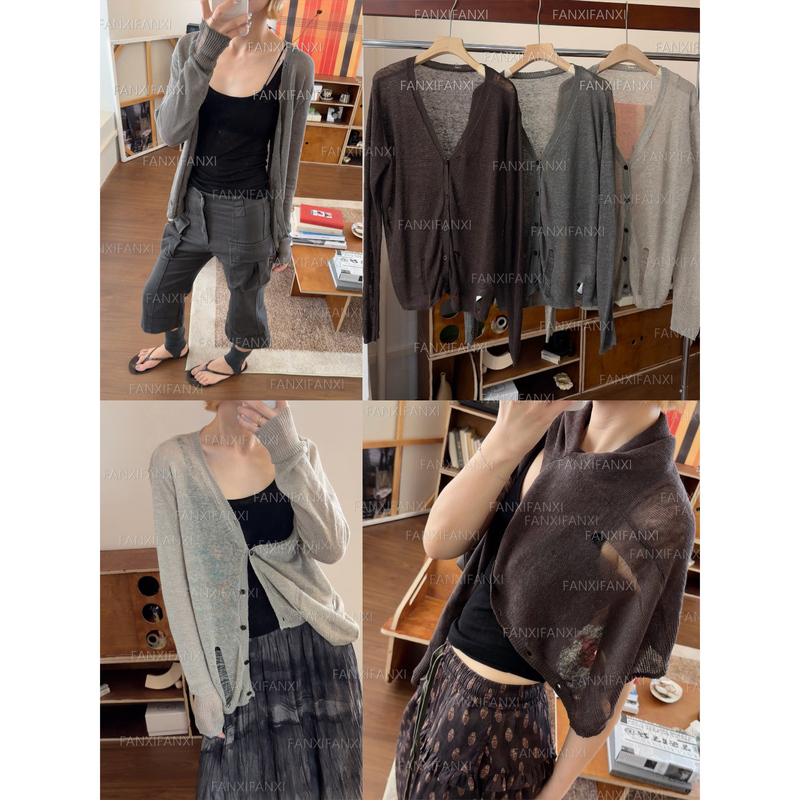 Worn-Out Linen Yarn Sand-Washed Vintage Knit Long-Sleeve Top Versatile Loose Slimming V-Neck Sun Protection Cardigan S389 Worn-Out Linen Yarn Sand-Washed Vintage Knit Long-Sleeve Top Versatile Loose Slimming V-Neck Sun Protection Cardigan S389