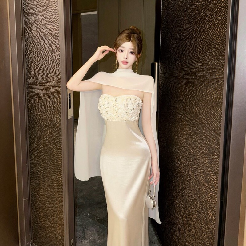 Birthday Party Shimmering Feast Apricot White Strapless Dress Slim Fit Shawl Sequin Socialite Gown Long Dress Birthday Party Shimmering Feast Apricot White Strapless Dress Slim Fit Shawl Sequin Socialite Gown Long Dress