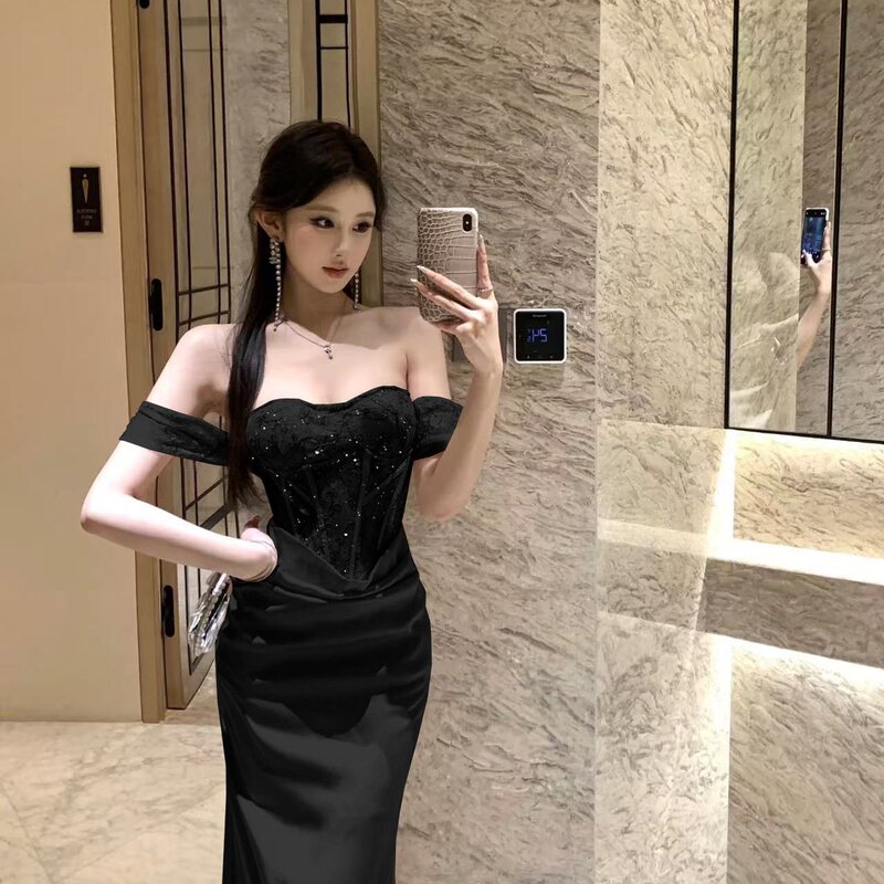 Mature and Elegant Style Lace Patchwork Heavy Ruched Formal Dress Long Skirt with a High-End Feel, Strapless Long Dress for Women