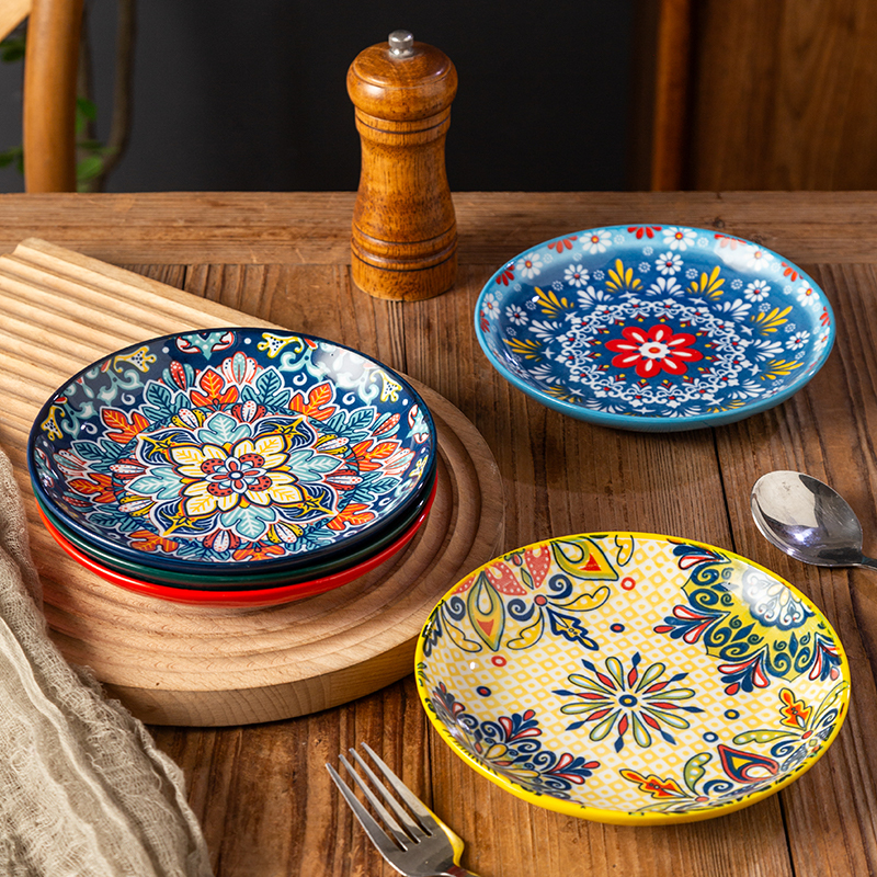 Bohemian Ceramic Bone Dish, Small Household Plate, Cold Dish Plate, Fruit Snack Plate, Bone Dish for Commercial Use