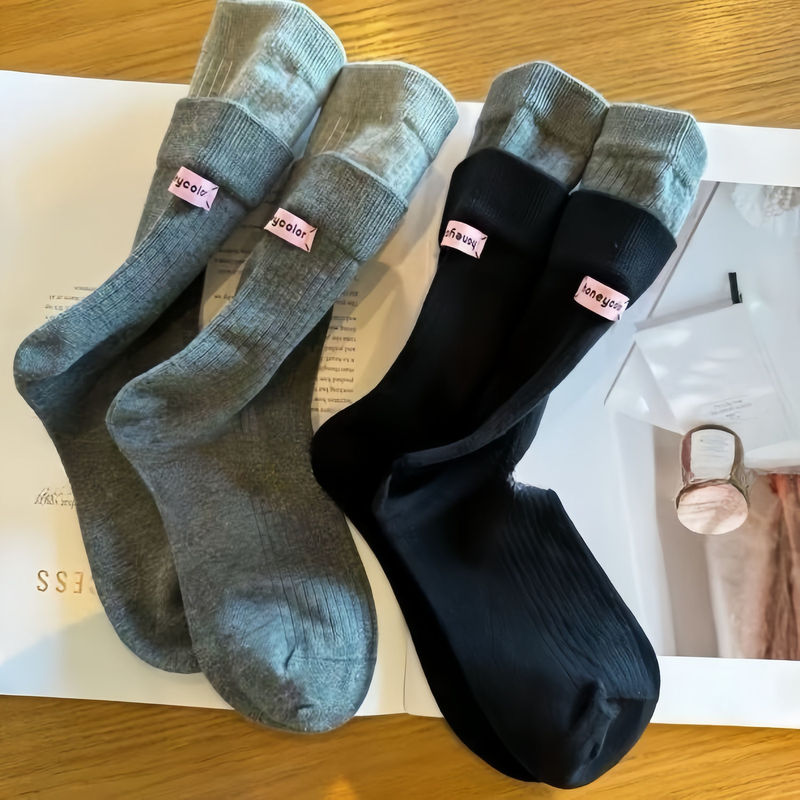 Women's Double-Layered Socks with Contrasting Color Heel and Fabric Label, Mid-Calf Socks, Trendy Fashion Sports Style Slouch Socks, Long Socks Women's Double-Layered Socks with Contrasting Color Heel and Fabric Label, Mid-Calf Socks, Trendy Fashion Sports Style Slouch Socks, Long Socks