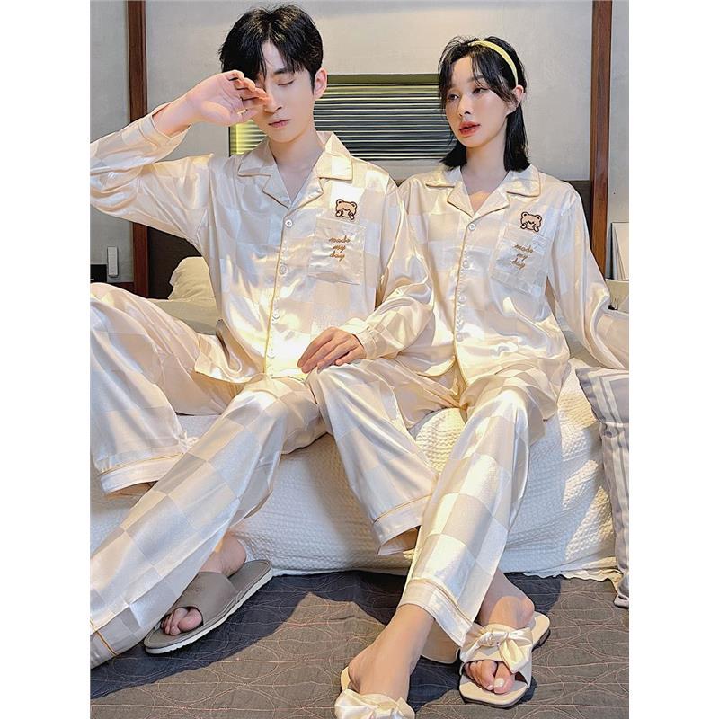 Victoria Mulberry Silk Pajamas for Men and Women Couples Silk Pure Color Stripesd Suit Long-Sleeved Spring and Autum Home Clothes