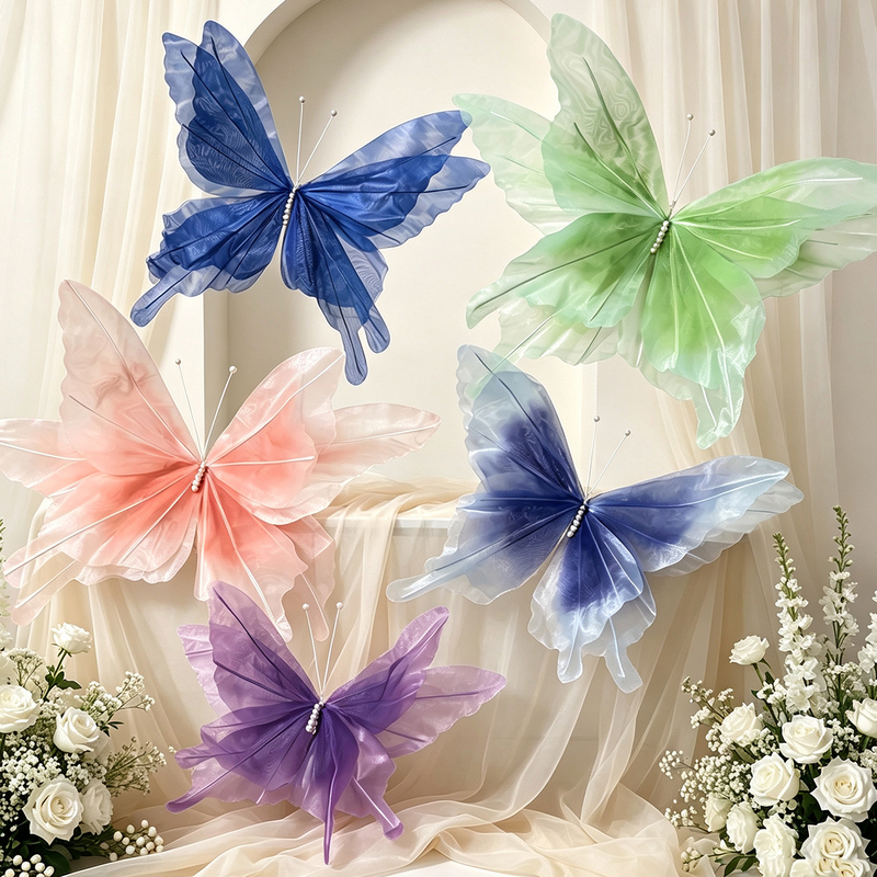 Monet's Garden Phoenix Tail Butterfly Mesh Butterfly Artificial Butterfly Semi-Transparent Mesh Butterfly Floral Art Window Wedding Butterfly Props