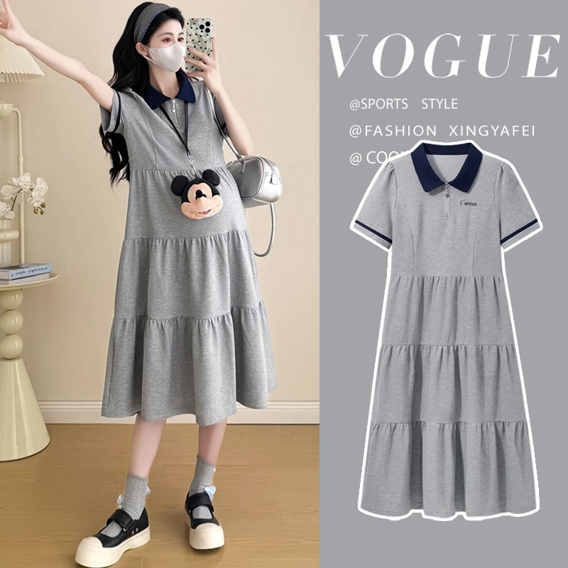 孕妇装夏连衣裙2025新款孕妈高级穿搭法式polo领长裙夏季孕妇裙子