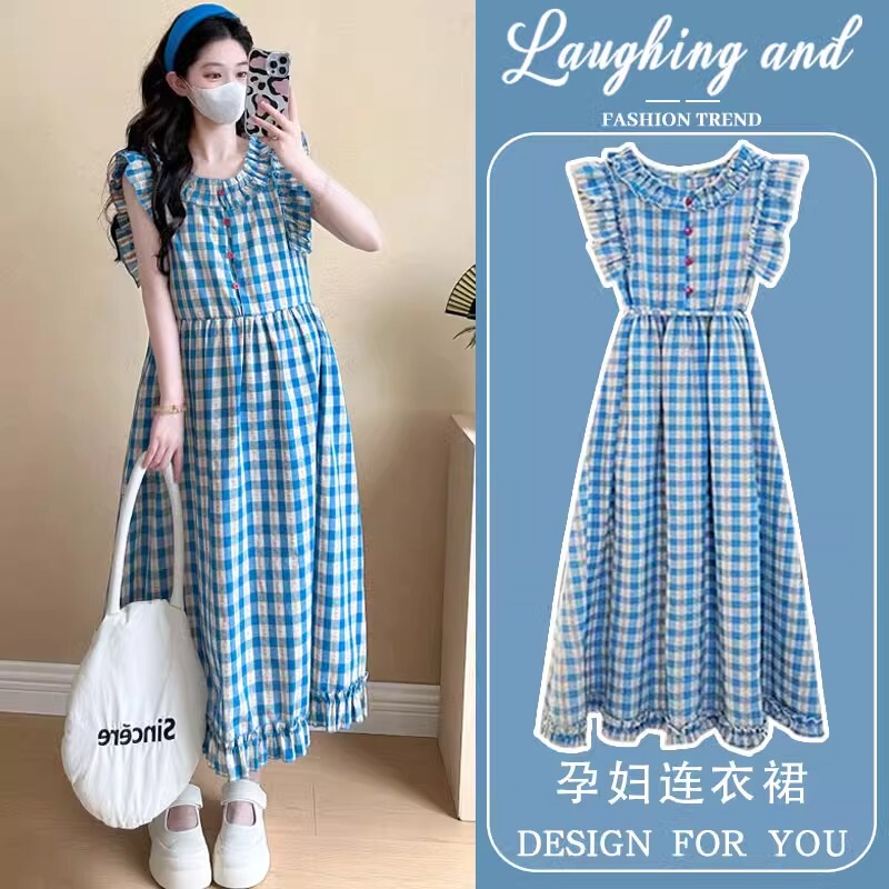 Maternity Summer Dress 2026 New Fashion Loose French Plaid Flutter Sleeve Long Dress Summer Maternity Dress Maternity Summer Dress 2026 New Fashion Loose French Plaid Flutter Sleeve Long Dress Summer Maternity Dress